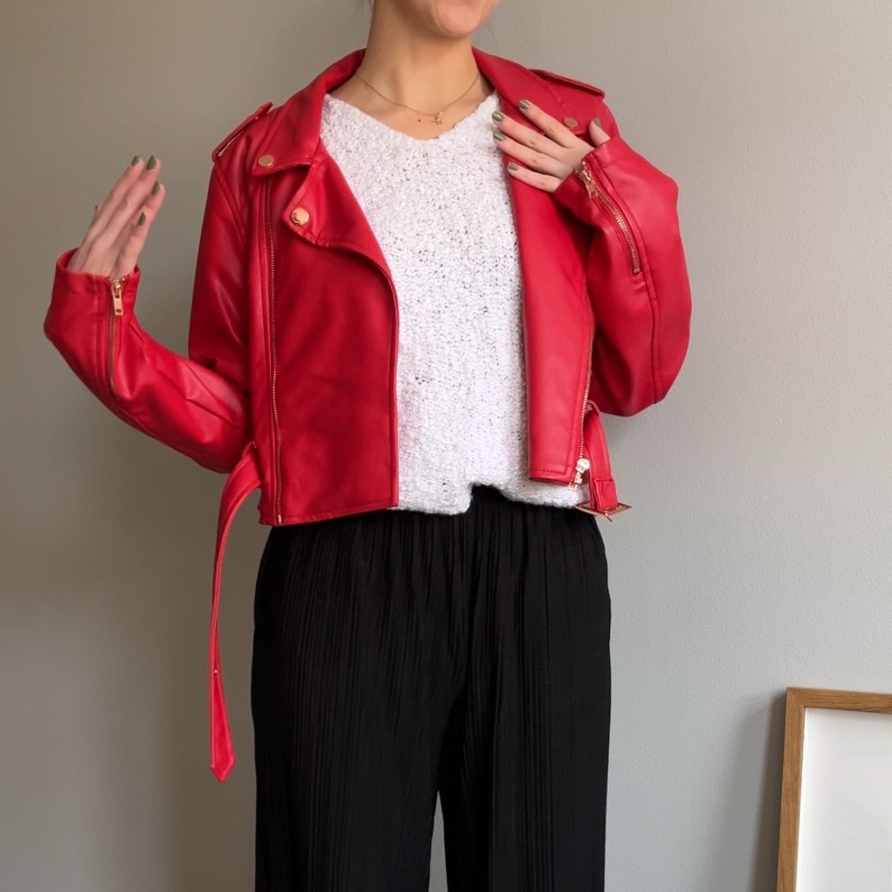 Cropped red leather jacket